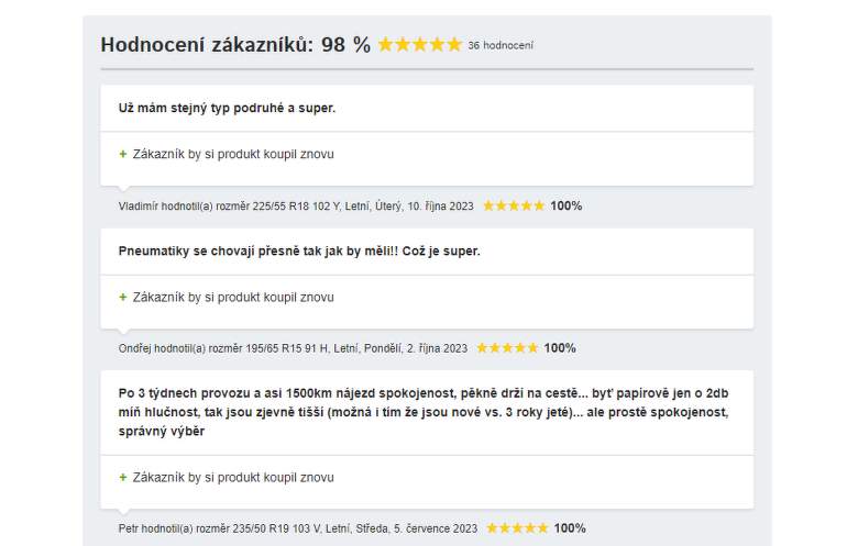 Ukázka uživatelských recenzí u pneumatiky Michelin Primacy 4 v rozměru 225/45 R17.